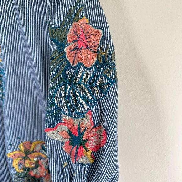 Zara Floral Embroidered Denim Striped Balloon Puff Sleeve Top SMALL - Picture 7 of 12